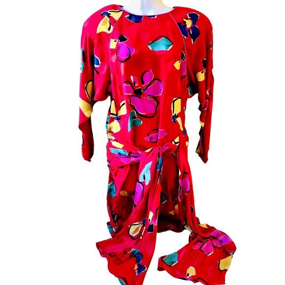 Joan Leslie by Kasper Vintage 70's Red SILK Dress Wrap Sash Hong Kong - Picture 9 of 14